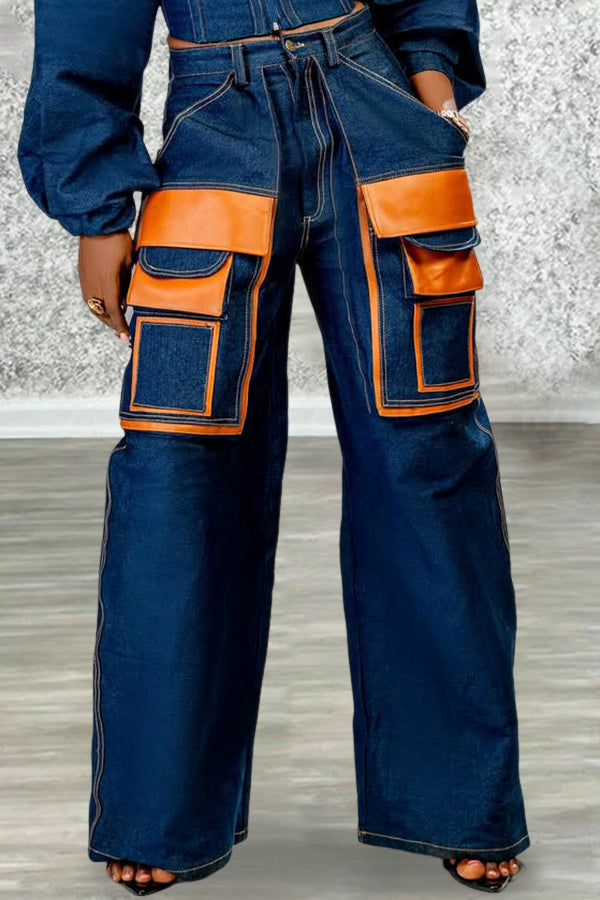 Street Contrast Flap Pocket Straight Leg Jeans