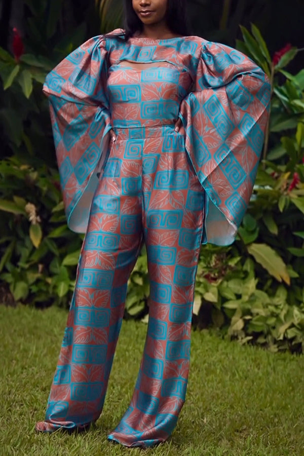 Elegant Bandeau Print Bell Sleeve Jumpsuit