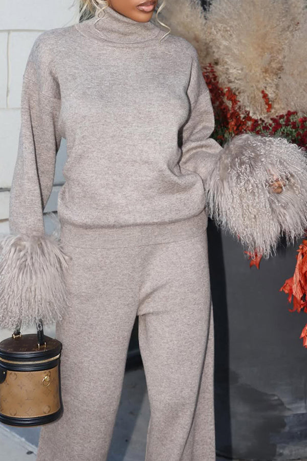 Fashion High-collar Feather Cuff Sweatshirt & Pants Set