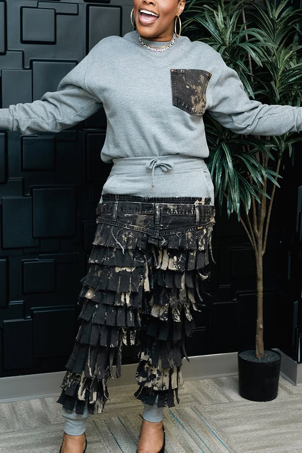 Fashion Sweatshirt & Fringe Spliced Pants