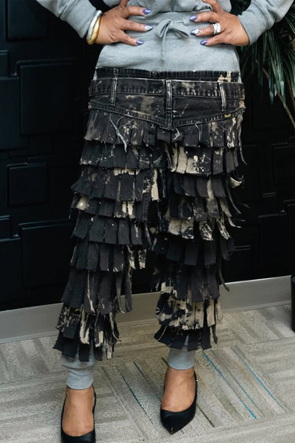 Unique Fringe Spliced Belted Pants