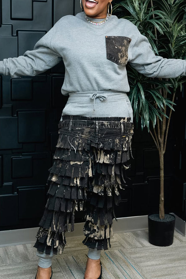 Unique Fringe Spliced Belted Pants