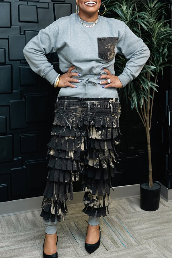 Unique Fringe Spliced Belted Pants