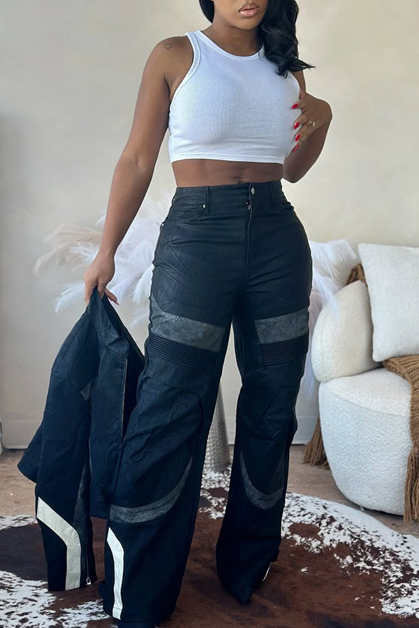 Motorcycle Style Color-block High-waisted Pants