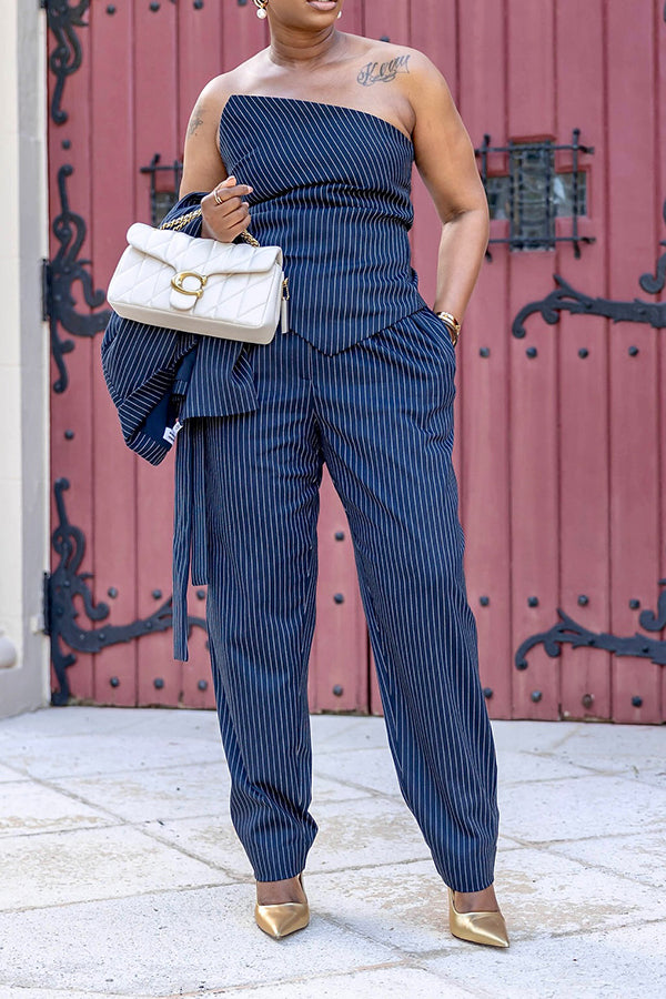 Fashion Striped Blazer & Tapered Pants Set