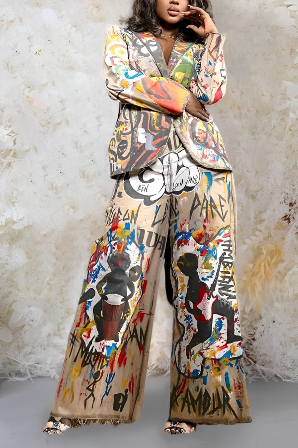 Fashion Spray Paint Graffiti Blazer & Pants Set