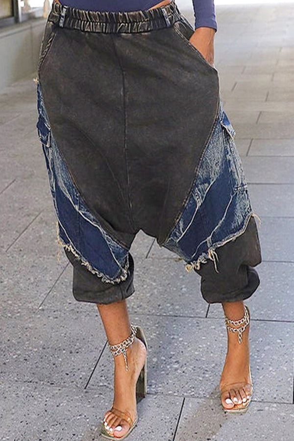 Stylish Patchwork Low-crotch Cuffed Jeans