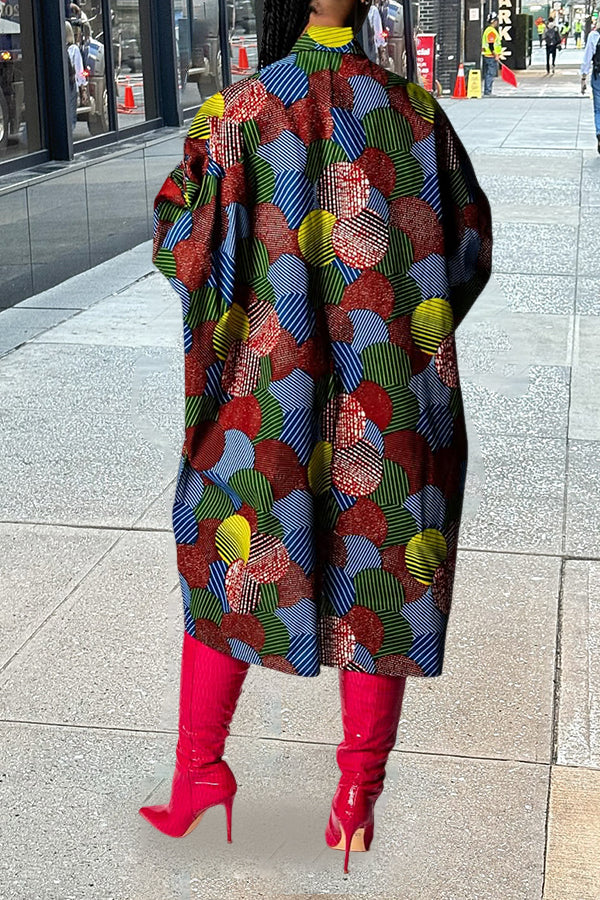 Stylish Color-block Round Print Shirt Dress