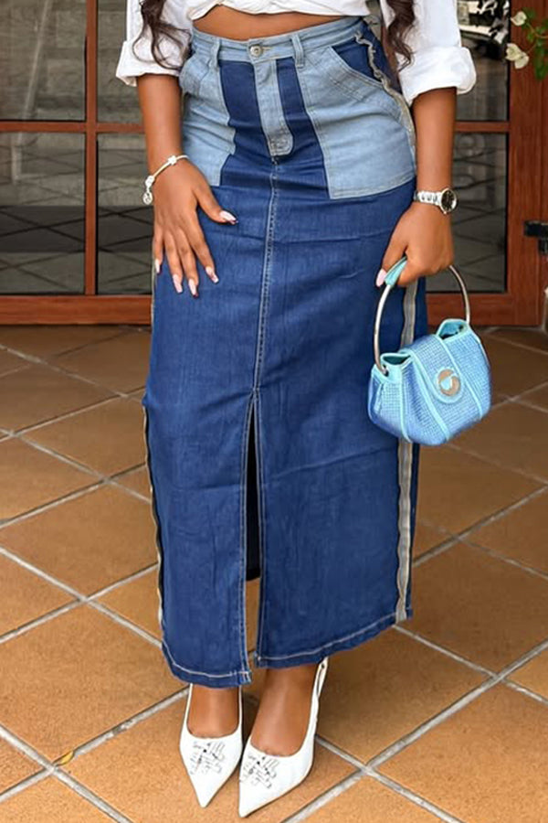 Stylish Patchwork Split Denim Skirt