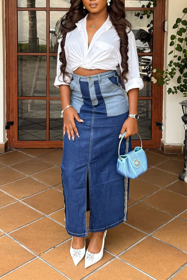 Stylish Patchwork Split Denim Skirt