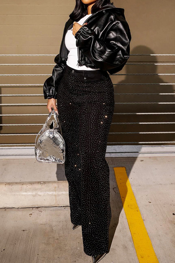 Stylish Rhinestone High Waist Pants