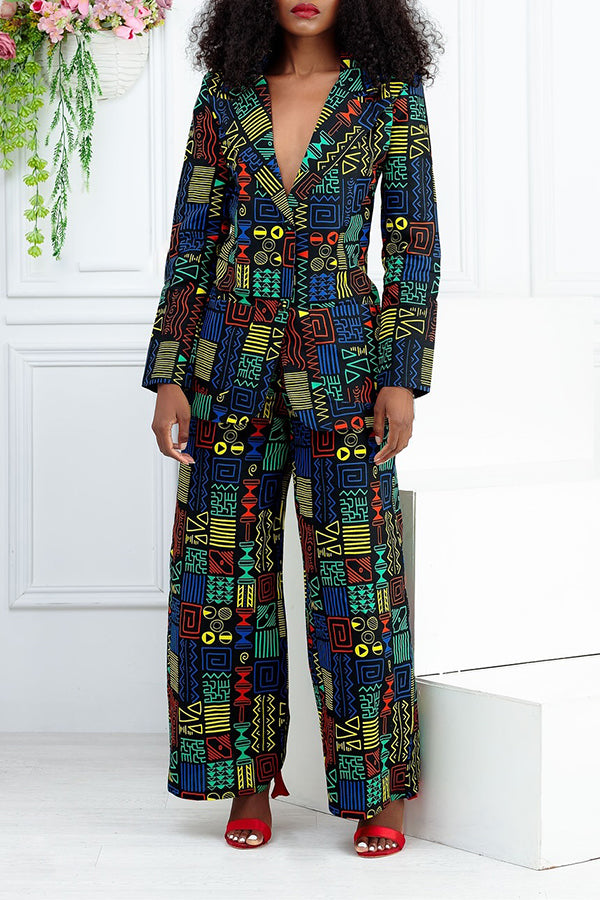 Fashion Geometric Print Blazer & Pants Set