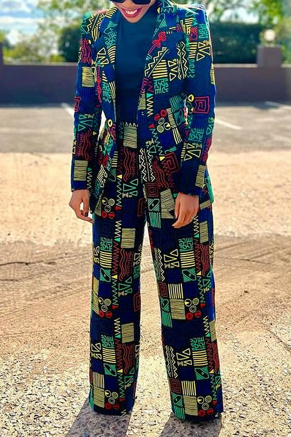 Fashion Geometric Print Blazer & Pants Set