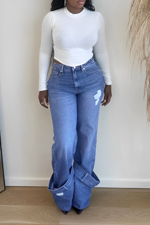 Casual Distressed Asymmetric Cuffs Jeans