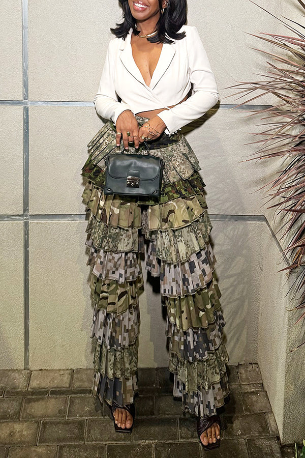 Fashionable Layered Ruffled Camouflage Patchwork Pants