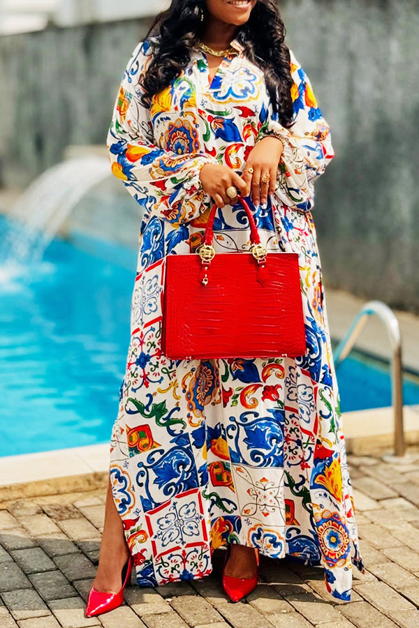 Resort Ethnic Pattern Print Slit Shirt Dress