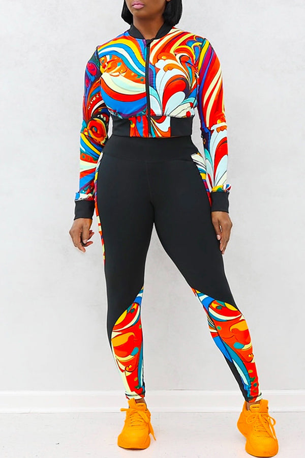 Sports Yoga Printed Zip Top & Leggings Set