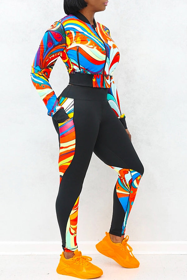 Sports Yoga Printed Zip Top & Leggings Set