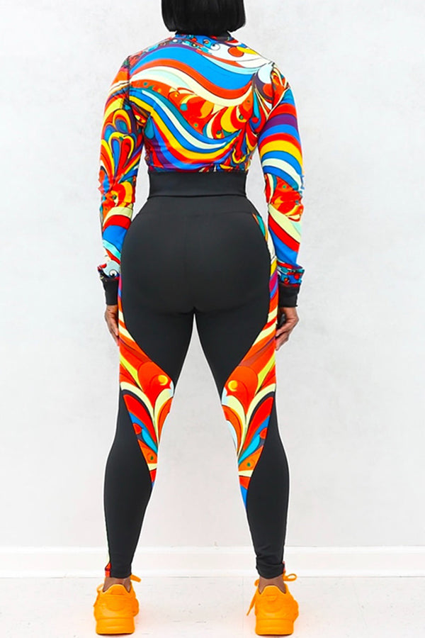 Sports Yoga Printed Zip Top & Leggings Set