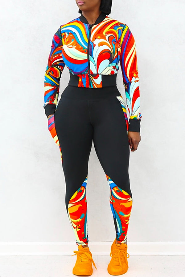 Sports Yoga Printed Zip Top & Leggings Set