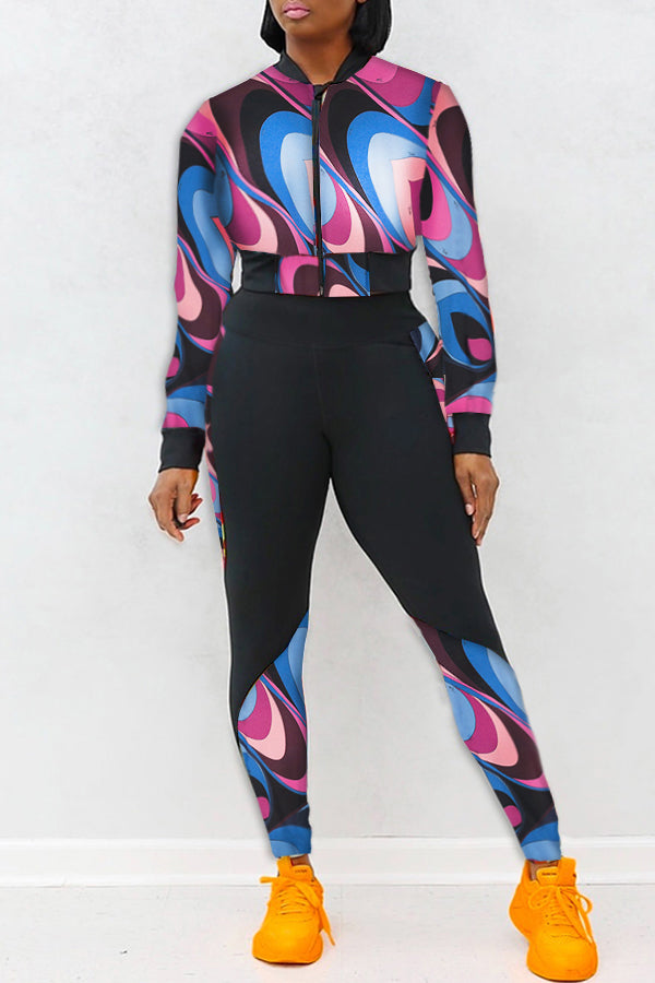 Sports Yoga Printed Zip Top & Leggings Set