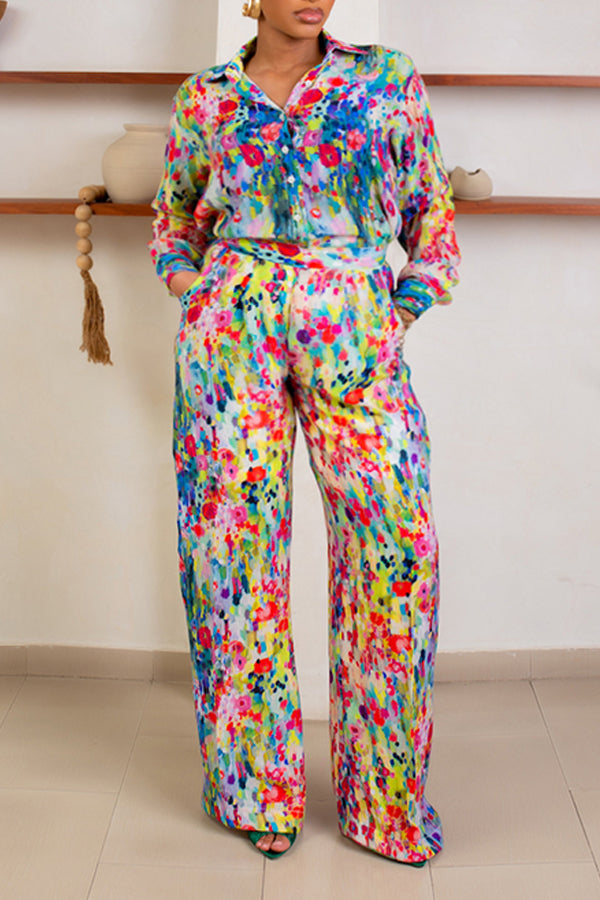 Fashionable Oil Painting Printed Shirt & Straight Pants Set