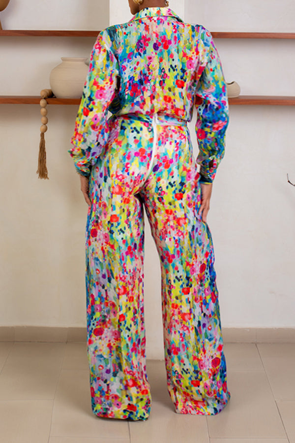 Fashionable Oil Painting Printed Shirt & Straight Pants Set