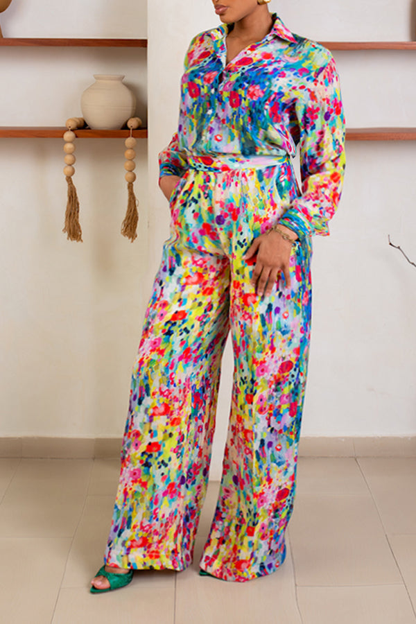 Fashionable Oil Painting Printed Shirt & Straight Pants Set