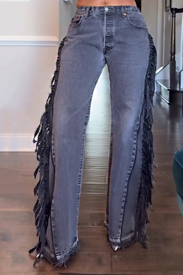 Fashionable Side Seam Fringed Washed Jeans