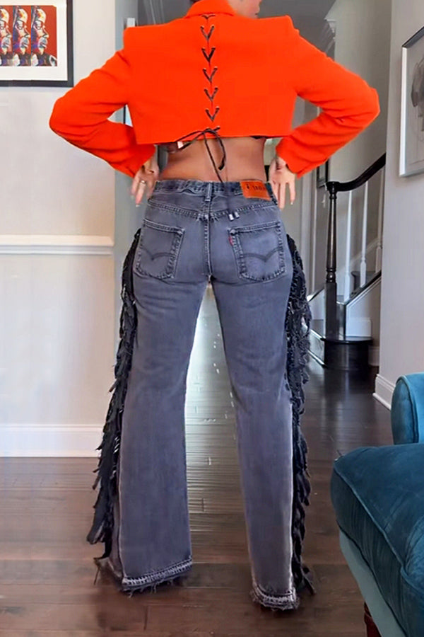 Fashionable Side Seam Fringed Washed Jeans