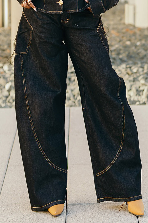 Stylish Loose Topstitched Wide-leg Jeans