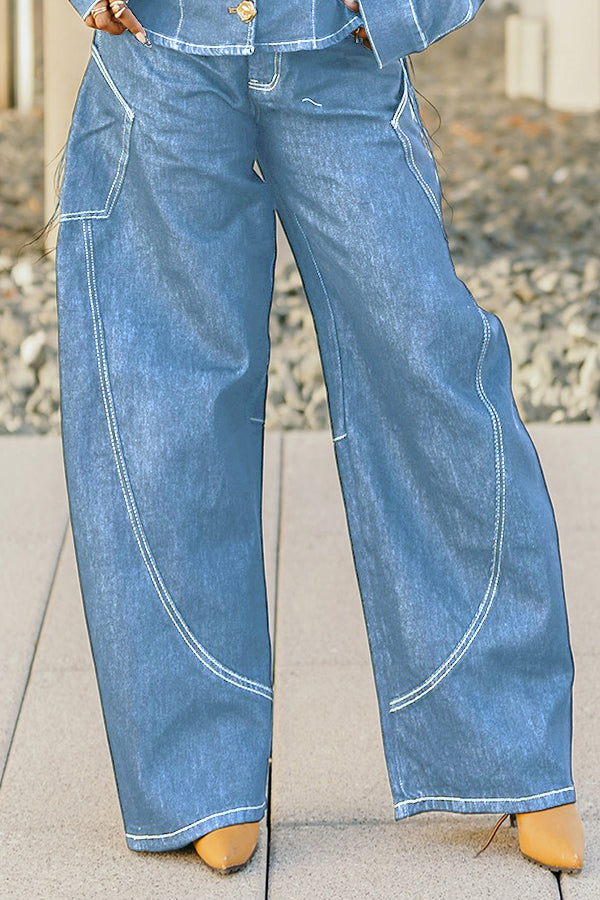 Stylish Loose Topstitched Wide-leg Jeans