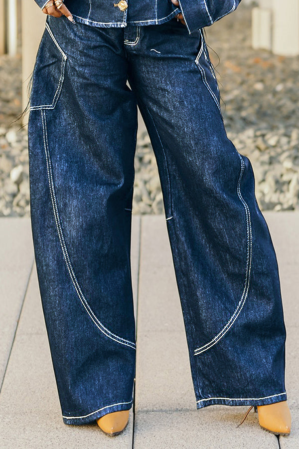 Stylish Loose Topstitched Wide-leg Jeans