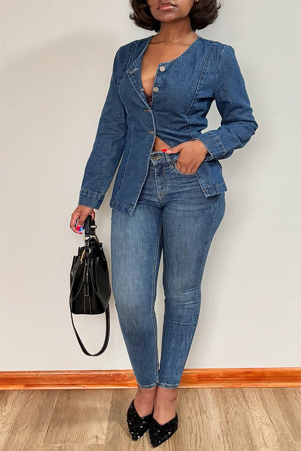 Casual And Simple Washed Denim Top & Skinny Jeans Set