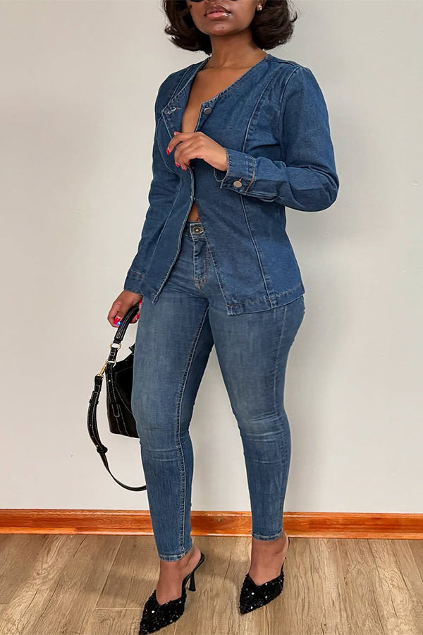 Casual And Simple Washed Denim Top & Skinny Jeans Set