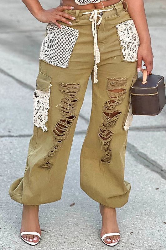 Street Fashion Ripped Patch Olive Jeans