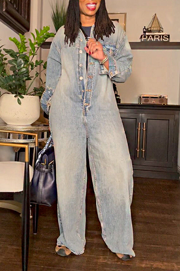 Casual Washed Distressed Wide-leg Denim Jumpsuit