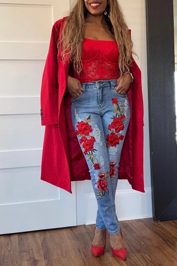 Fashionable Embroidered 3D Rose Ripped Jeans