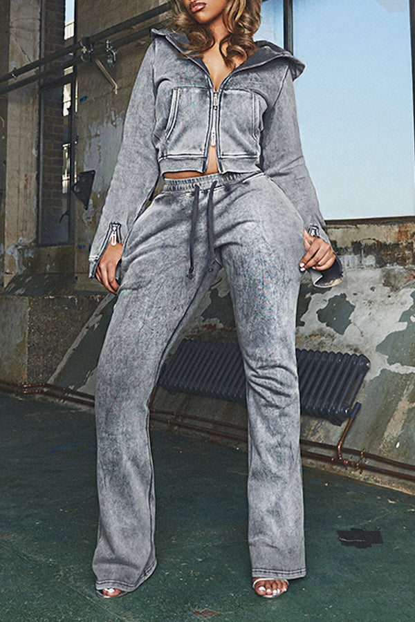 Sports Cuff Zipper Slit Top & Distressed Drawstring Pants Set