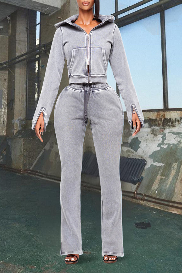 Sports Cuff Zipper Slit Top & Distressed Drawstring Pants Set