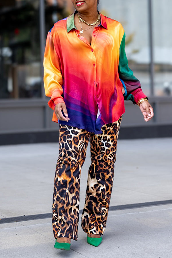 Fashionable Colorful Long Sleeved Shirt & Leopard Print Pants Set