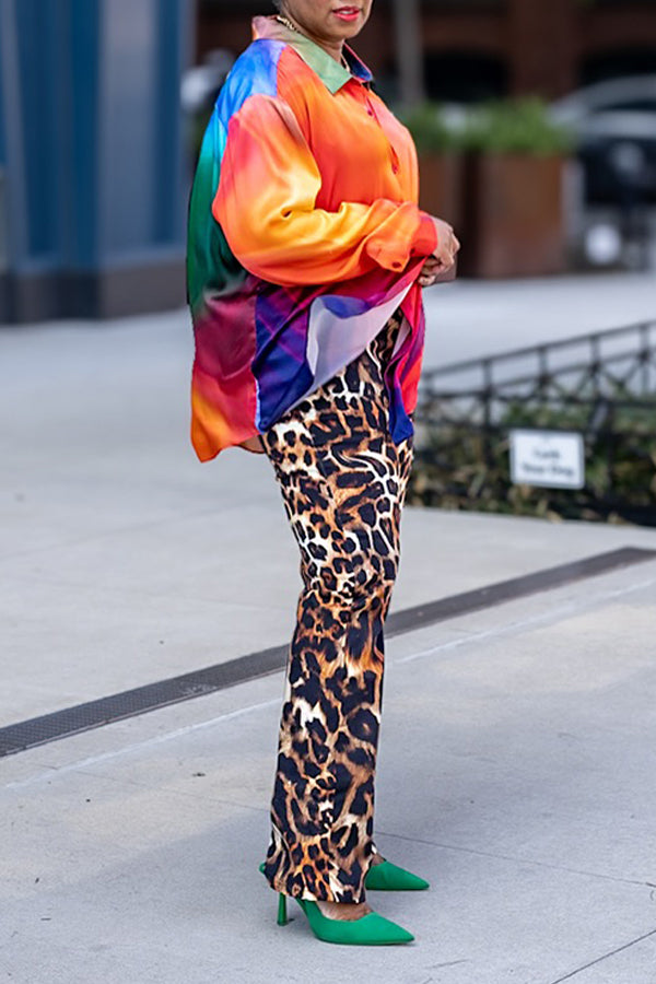 Fashionable Colorful Long Sleeved Shirt & Leopard Print Pants Set