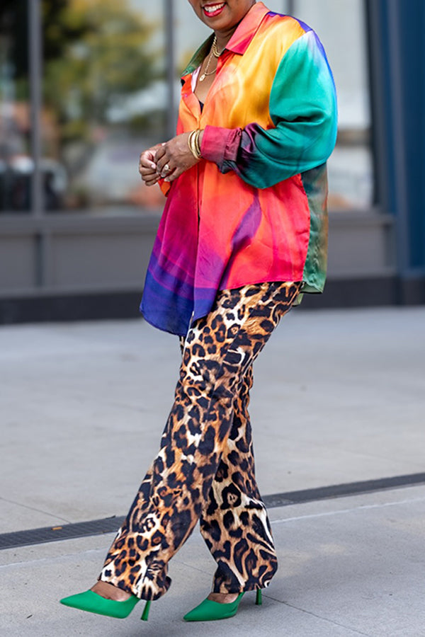 Fashionable Colorful Long Sleeved Shirt & Leopard Print Pants Set