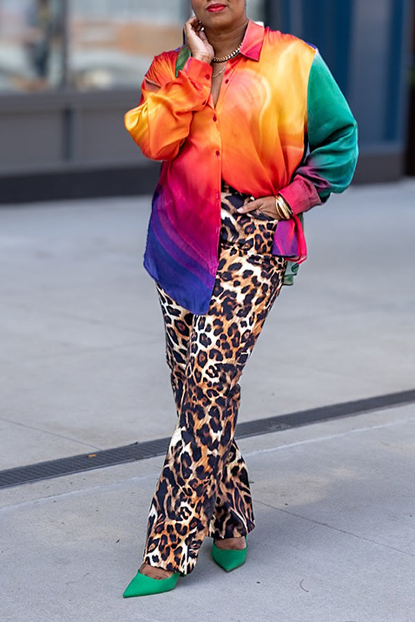 Fashionable Colorful Long Sleeved Shirt & Leopard Print Pants Set