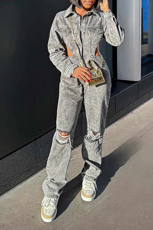 Street Fashion Frosted Ripped Denim Jumpsuit