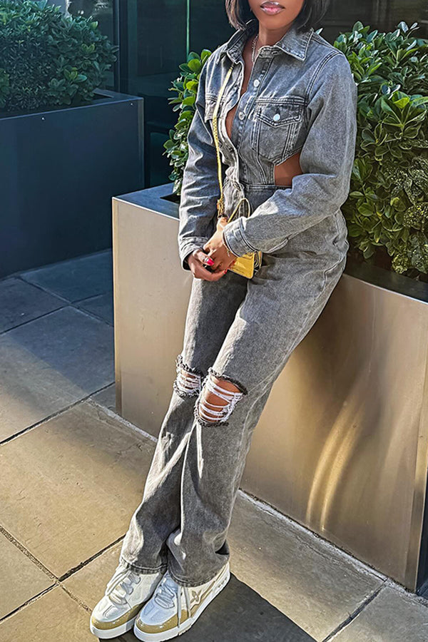 Street Fashion Frosted Ripped Denim Jumpsuit