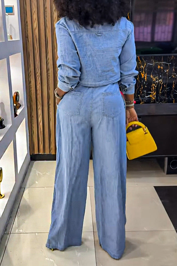 Casual Pocket Denim Shirt & Belted Waist Jeans Set