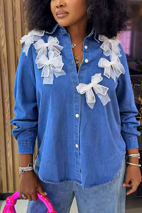 Chic Three Dimensional Bow Denim Shirt