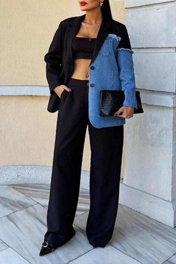 Urban Patchwork Denim Blazer & Pant Set