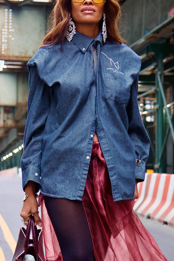 Casual Contrast Buttoned Long Sleeve Denim Shirt